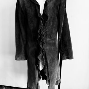 Margaret Godfrey Black Suede Ruffle Coat, Size 10